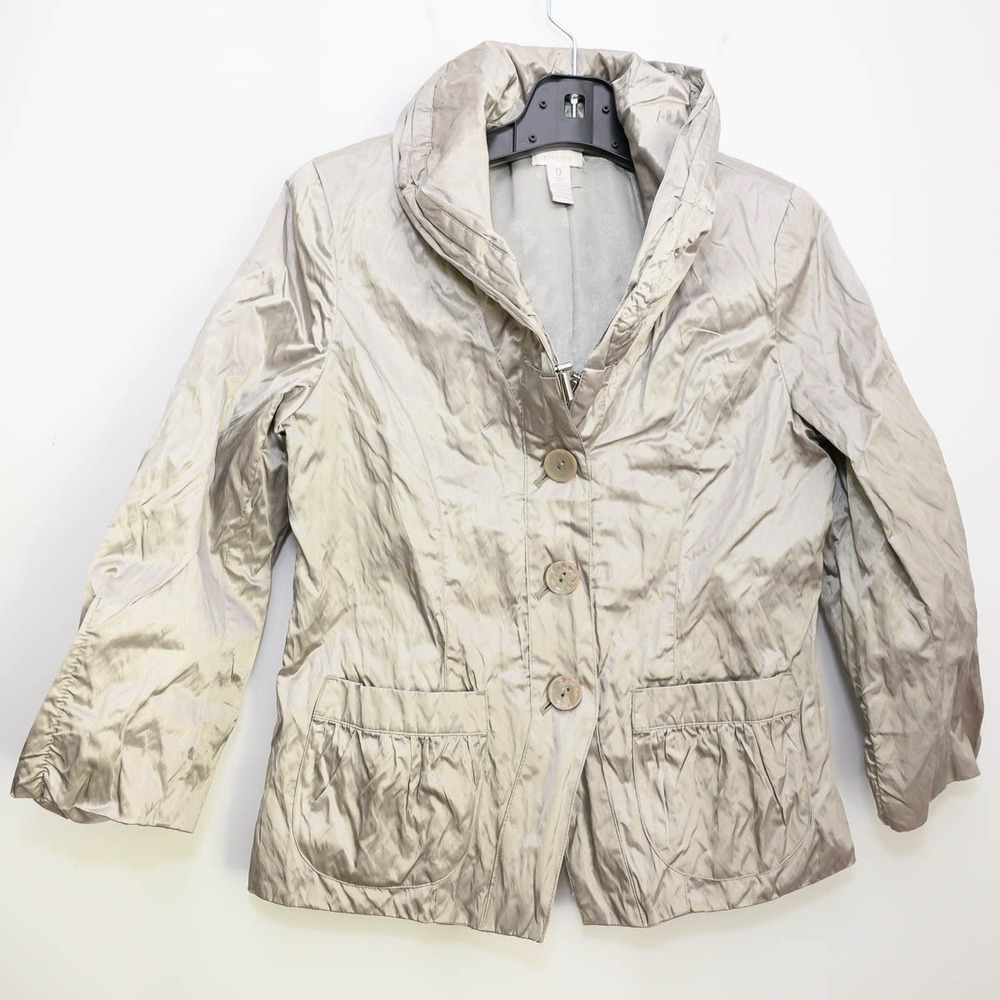 Chico's Blazer Jacket Size 0 Taupe Excellent Metallic Crinkle Portrait Collar
